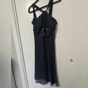 Charcoal gray formal midi dress.